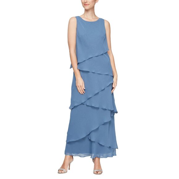 NWT Alex Evenings Wedgewood Blue Long Tiered Ruffle Dress With Jacket - Picture 3 of 6